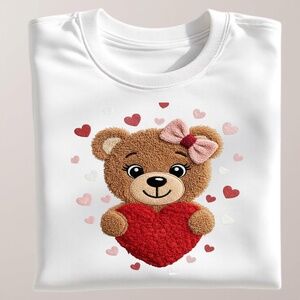 Cuddly Valentine Bear (Faux Fluffy Thread)T-shirt S M L XL  White Cute girly
